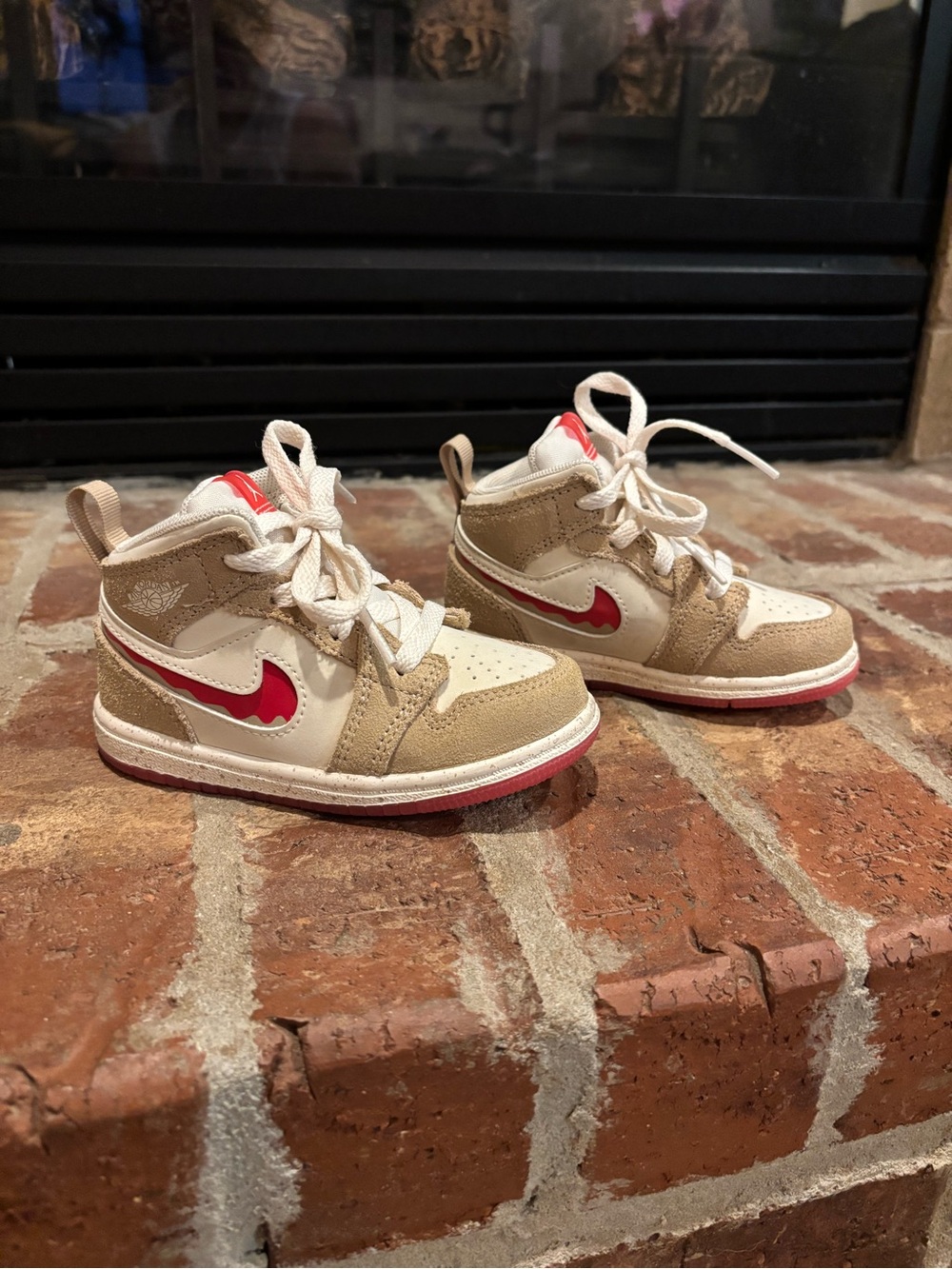Nike Kids Beige, White and Red High Top Jordans